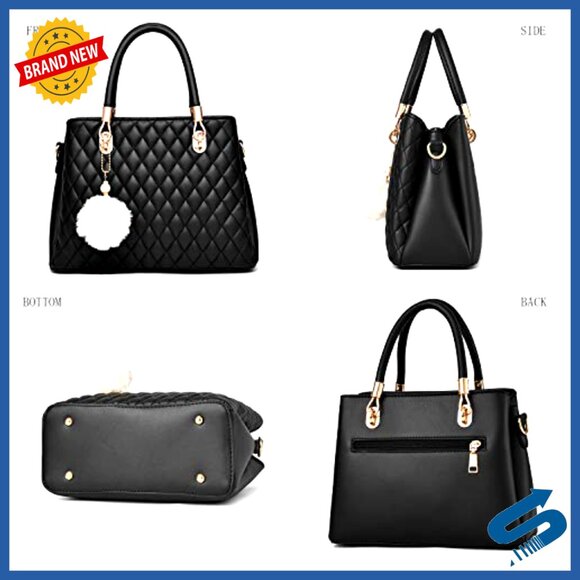 PU Leather Top Handle Tote Satchel Shoulder Bag with Pompom - Picture 3 of 7